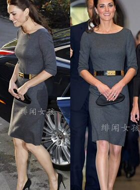 凯特王妃同款连衣裙女秋秋 时尚通勤收腰显瘦包臀修身 圆领职业秋