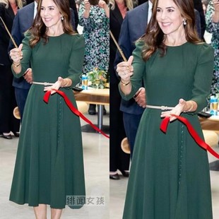 丹麥王妃同款 圓領(lǐng)A字裙中長(zhǎng)裙收腰顯瘦遮肚 時(shí)尚 連衣裙女夏夏長(zhǎng)袖