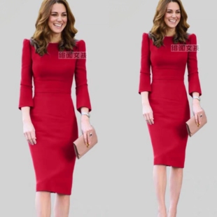 凯特王妃同款连衣裙秋 时尚淑女荷叶袖 通勤OL白领职业裙显瘦遮肚