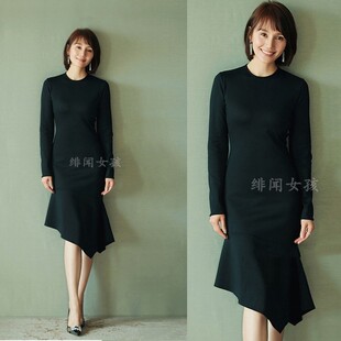 袁泉同款连衣裙女秋冬 时尚显瘦礼服裙不规则小黑裙 职业裙面试裙