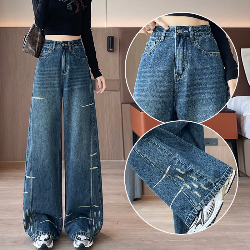 复古蓝磨破高街风阔腿牛仔裤