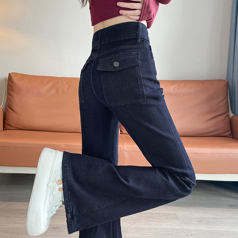 深蓝色复古紧身微喇牛仔裤女