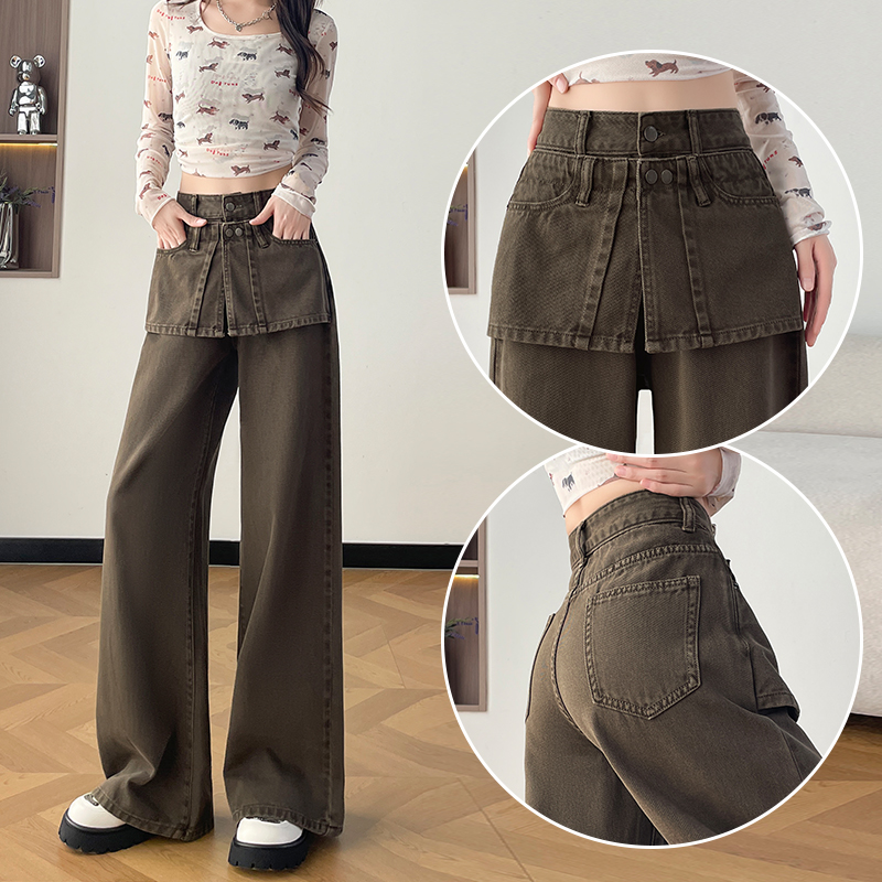 咖啡色拼接设计感阔腿牛仔裤女裤