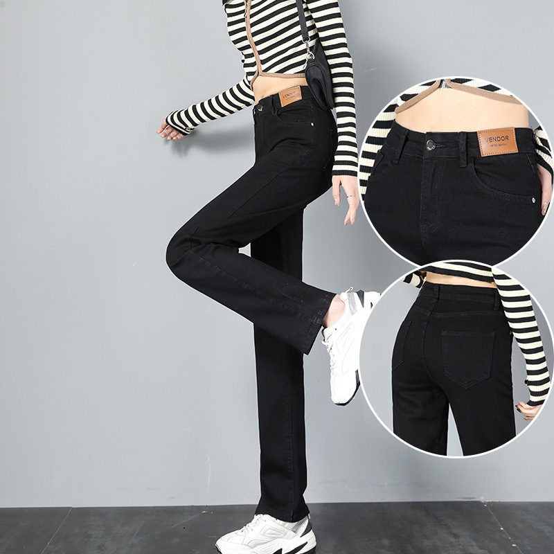 黑色烟管牛仔裤女法棍直筒裤子
