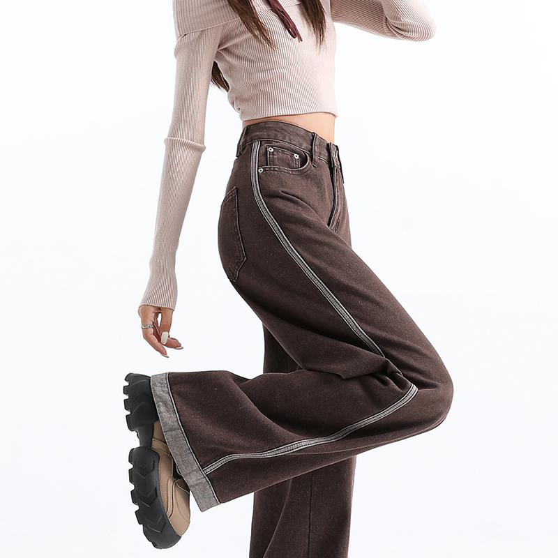 潮牌咖色撞色阔腿牛仔裤女拖地裤
