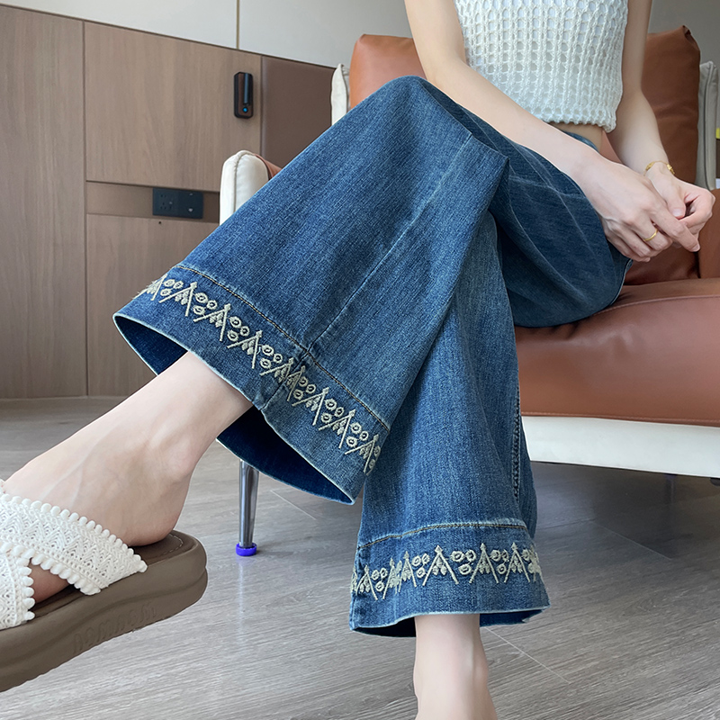 国风刺绣直筒牛仔裤女2025秋季新款小个子今年流行宽松弹力阔腿裤