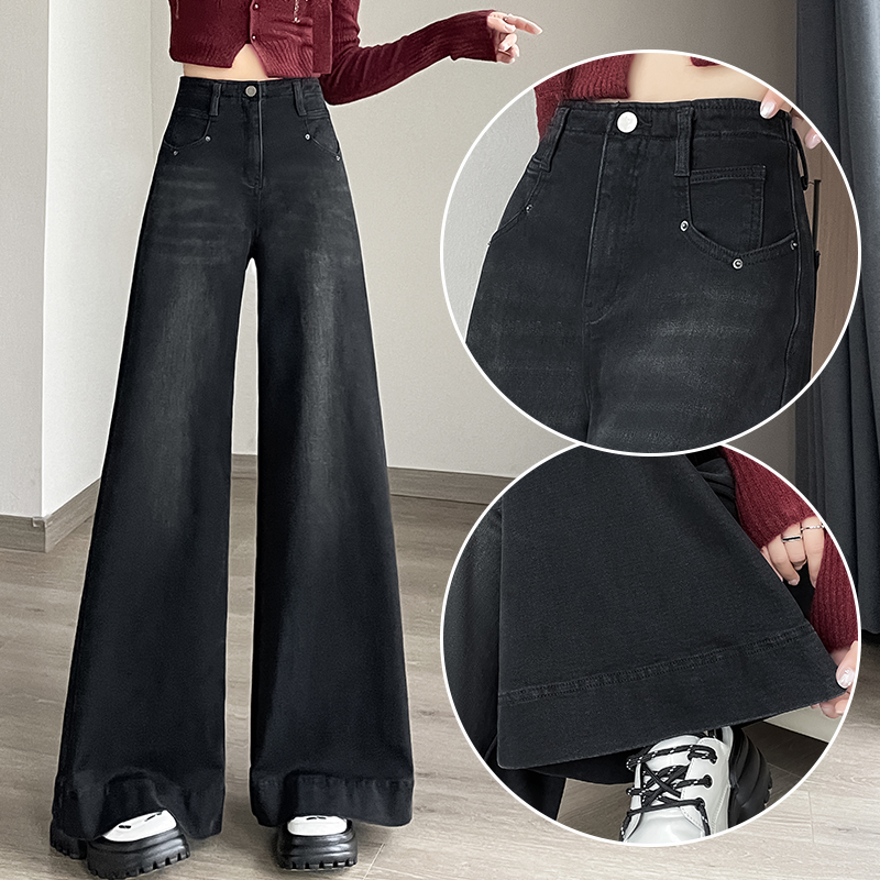 黑灰色大阔腿弹力喇叭裤女牛仔裤