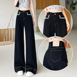 黑色牛仔裤女2025秋冬加绒新款设计感小个子蕾丝花边拼接阔腿裤子