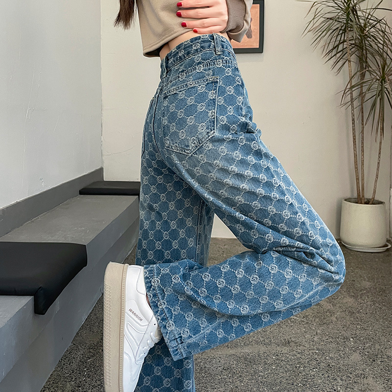 提花牛仔裤女窄版格子印花阔腿裤