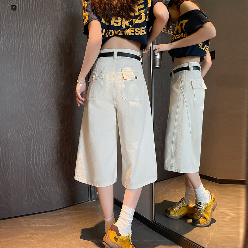 超火白色高腰七分阔腿牛仔裤女2026秋季新款小个子宽松显瘦直筒裤