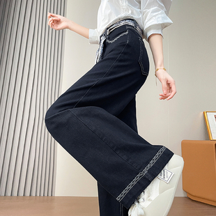 子 加绒加厚宽松刺绣直筒裤 深蓝色超火丝巾弹力阔腿牛仔裤 女士冬季