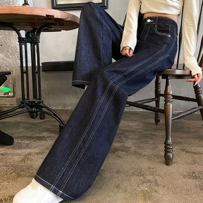 丹宁色阔腿直筒牛仔裤女拖地裤子