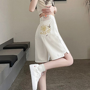 郡琪女裤白色国潮刺绣五分牛仔短裤女2025夏季薄款开叉设计感宽松阔腿中裤