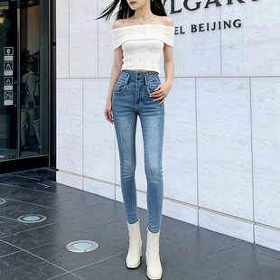 加绒加厚三排扣收腹弹力紧身靴裤 女2025冬新款 小脚牛仔裤 高腰修身