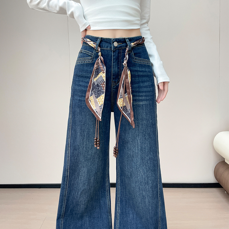 复古蓝丝巾腰带阔腿牛仔裤女