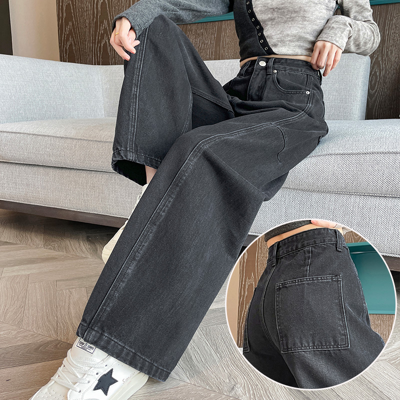 黑灰色弯刀阔腿牛仔裤女哈伦裤子