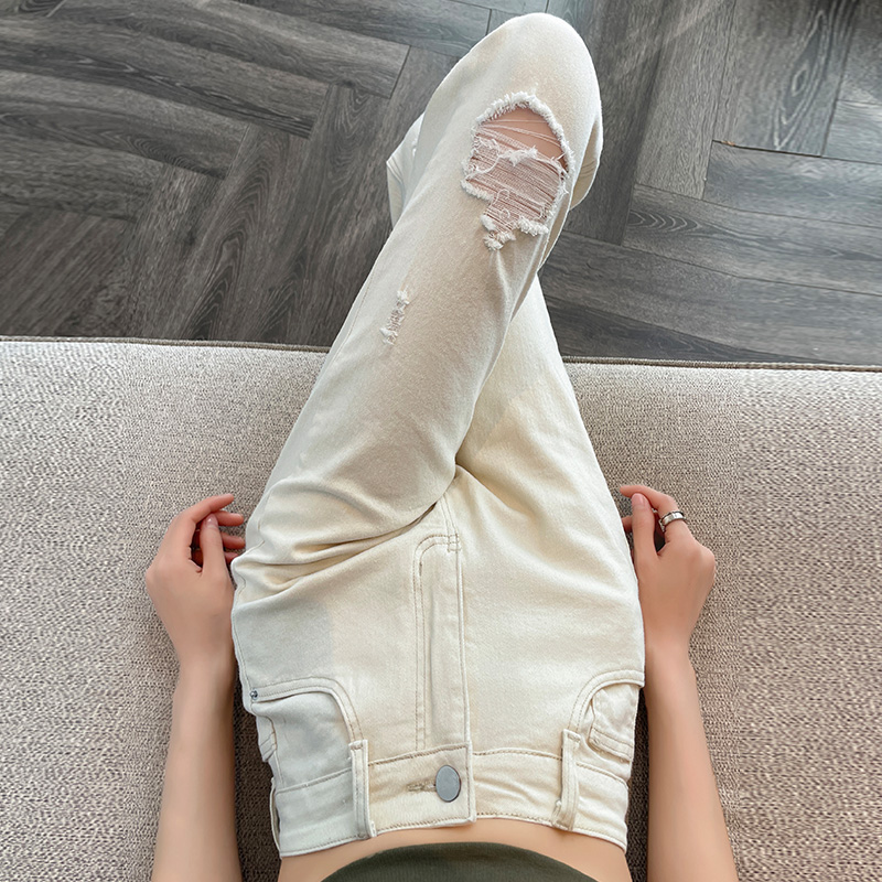 杏色烟管牛仔裤女夏季薄款弹力直筒小个子九分百搭白色破洞乞丐裤