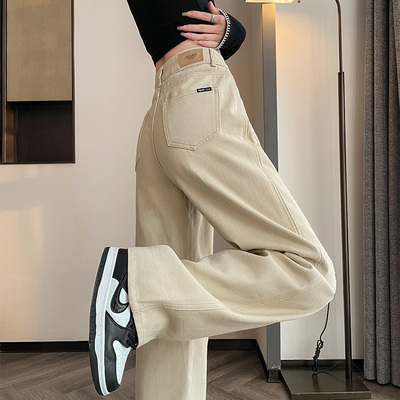 卡其色阔腿牛仔裤女休闲百搭长裤