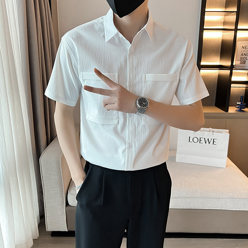 抖音直播店主风夏纯色百搭暗花衬衫短袖社会小伙A236-7017-P45，男装T恤，电商A236