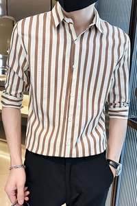 夏季轻熟店主小伙条纹修身休闲短袖衬衫男衬衣A236-A41-P55-控88图片
