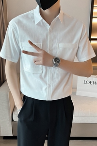 抖音直播店主风夏纯色百搭暗花衬衫短袖社会小伙A236-7017-P45图片