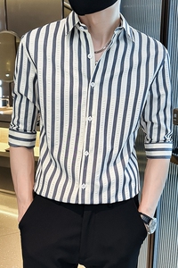 夏季轻熟店主小伙条纹修身休闲短袖衬衫男衬衣A236-A41-P55-控88图片