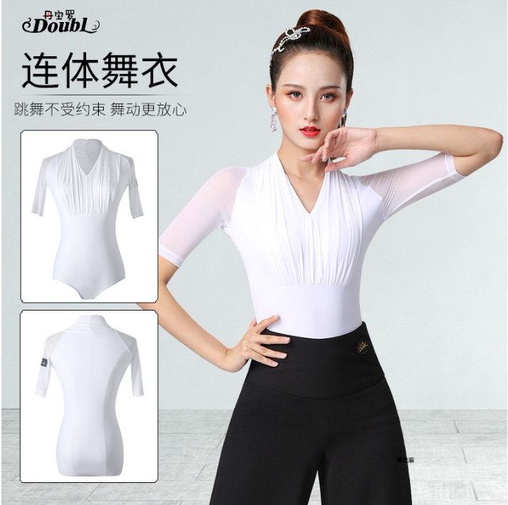 摩登舞上衣女冰丝吉特巴舞蹈白色挂脖连体衣拉丁演出服国标舞服夏