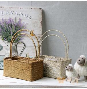 饰篮 家居插花装 田园系列海草编织手提花篮 礼品手办收纳储物篮子