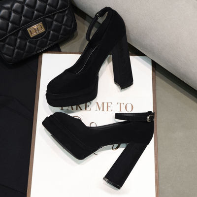 黑色绒面一字带粗跟高跟鞋防水台不累脚玛丽珍鞋单鞋方头厚底女鞋