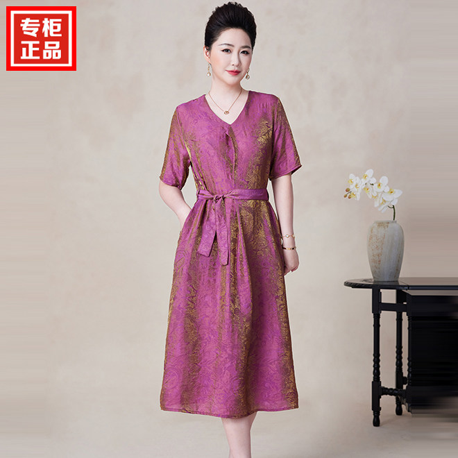 高端香云纱连衣裙女士夏季新款减龄奢华大牌妈妈装夏装桑蚕丝裙子
