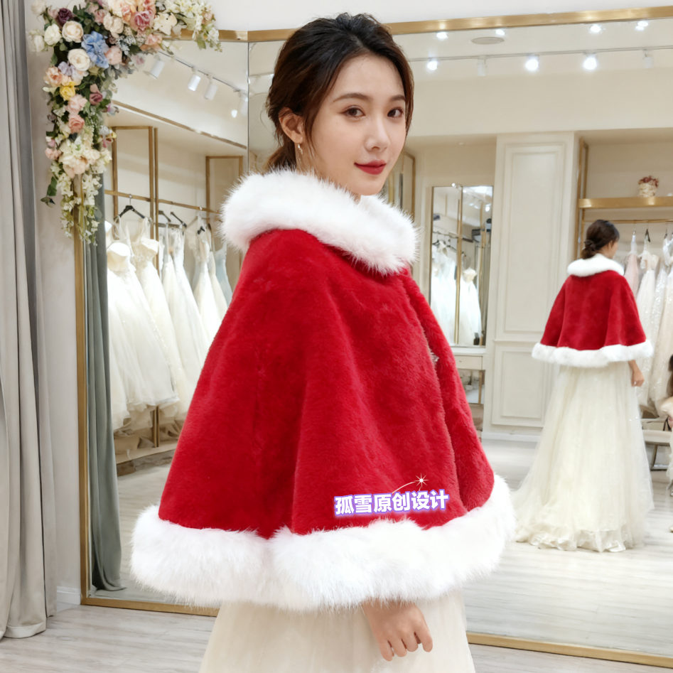 披肩斗篷新娘结婚毛秋冬婚纱伴娘礼服旗袍披风大码皮草外套搭白色