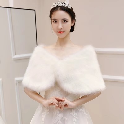 新娘婚纱披肩伴娘宴会礼服旗袍结婚狐狸毛披风环保皮草外套秋冬