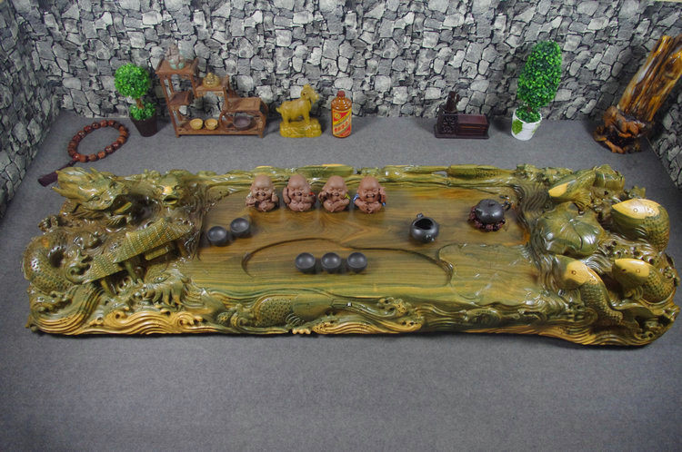 绿檀实木茶盘精雕鲤跃龙门功夫茶具大号整块檀木茶几