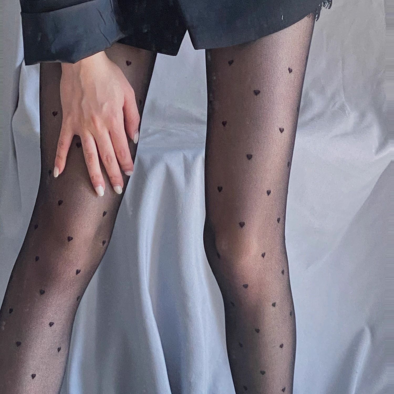 H春秋季黑丝袜女防勾丝爱心波点黑色打底JK丝袜连裤袜夏超薄白丝