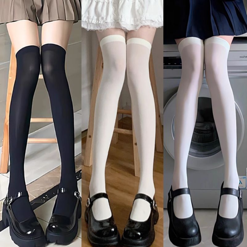 春夏薄款天鹅绒过膝袜女性感日系jk袜子奶白色长筒丝袜白色大腿袜