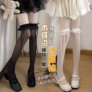 薄款 Lolita纯色丝带美腿过膝长袜迷人丝袜女夏季 蕾丝边甜美蝴蝶结
