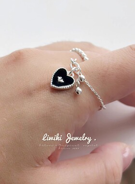 925纯银韩版黑色爱心滴油戒指女