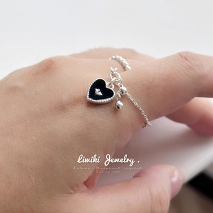 梦猫饰物s925纯银韩版重工百搭黑色滴油爱心可调节链条戒指甜酷风