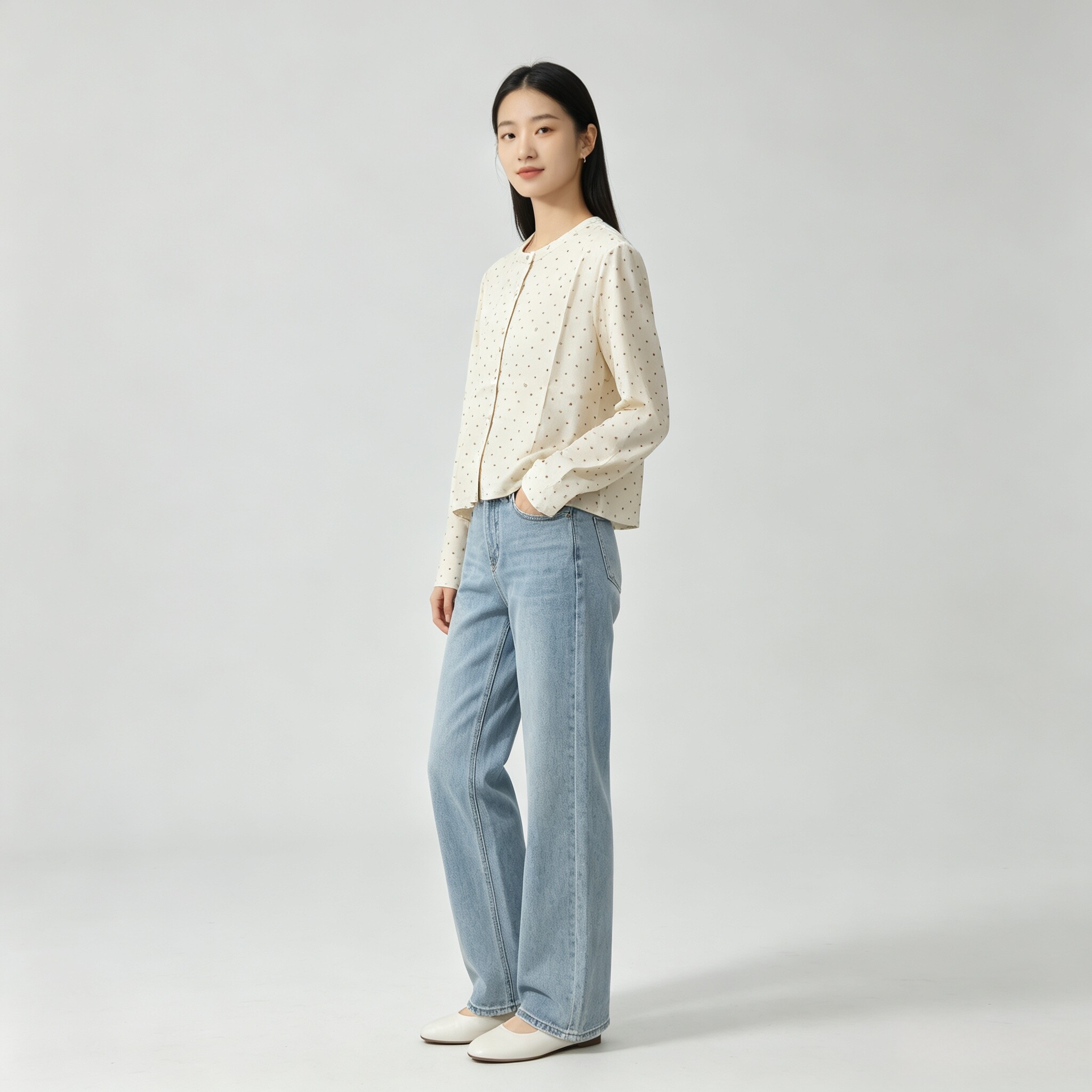断码品牌在售桑蚕丝波点印花珍珠皱女士圆领衬衫长袖