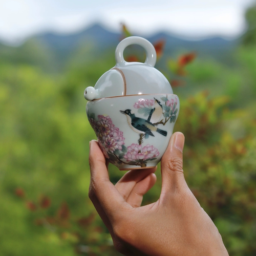 釉上彩泡茶花鸟手绘汝窑天青色