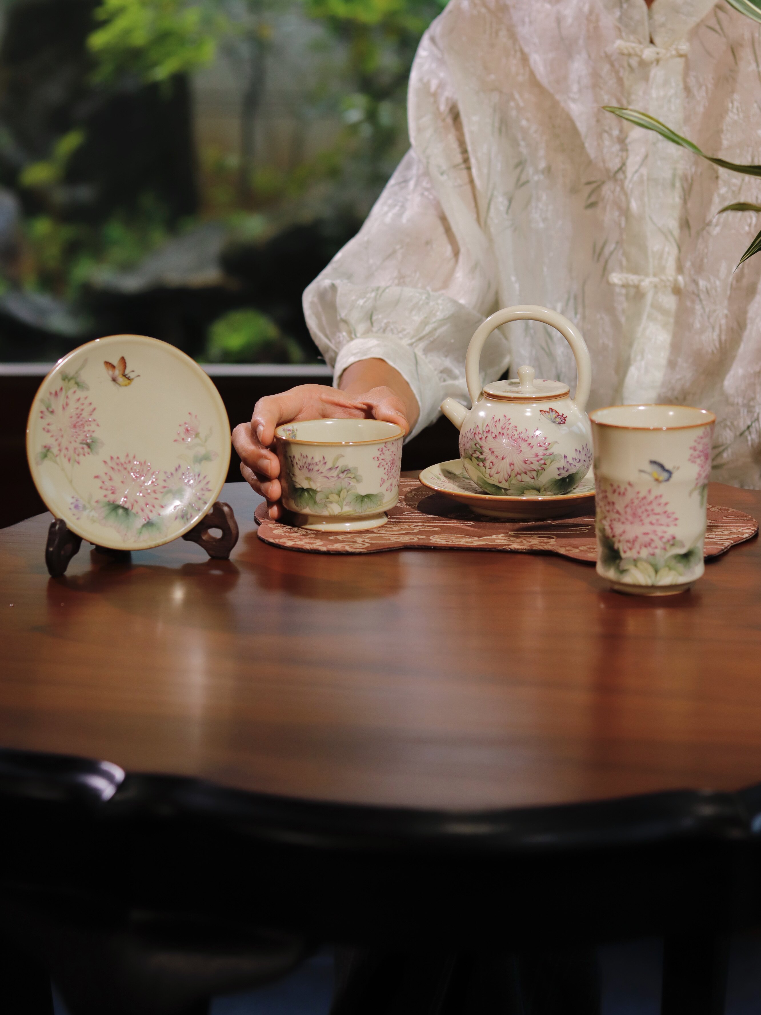 熙物堂手工汝窑粉彩菊花茶具主人杯茶个人杯高端茶器