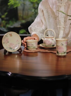 熙物堂手工汝窑粉彩菊花茶具主人杯茶个人杯高端茶器