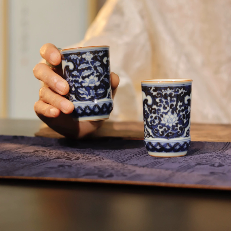 熙物堂柴窑手绘青花月白开片茶杯