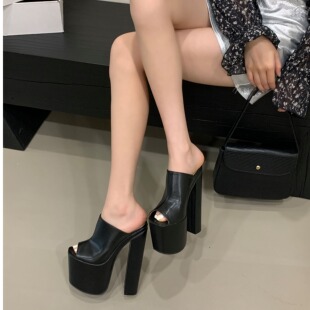 2025欧美新款小个子凉拖鞋粗跟恨天高防水台厚底高跟鞋18cm