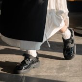 Ranyan冉言 女原创设计厚底单鞋 不撞款 日系交叉漆皮圆头小皮鞋