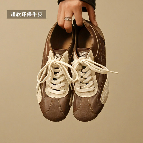 冉言超软头层牛皮2026春新品超软休闲运动鞋女miu系德训鞋小白鞋