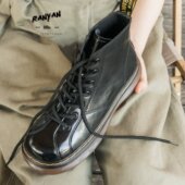 冉言 复古阿美咔叽短萌马丁靴女加绒真皮撞色短脸系带厚底短靴