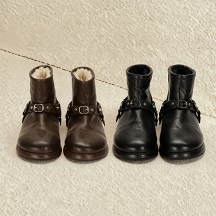 重工水洗马皮+羊毛一体冉言2025冬新品雪地靴两穿可拆卸铆钉短靴