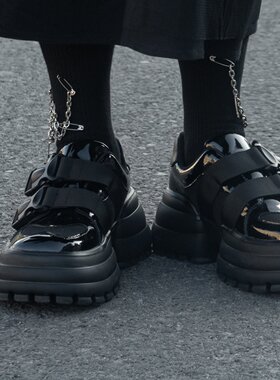 冉言 2025春季新款松糕底方头小皮鞋原创个性双带增高厚底休闲鞋