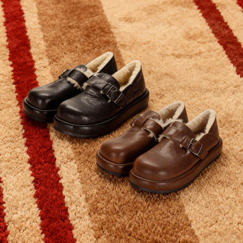 冉言2025新款真羊皮版~厚底真皮反绒皮勃肯单鞋女包头鞋小皮鞋